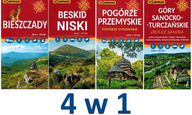 Cztery mapy turystyczne: Bieszczady, Beskid Niski, Pogórze Przemyskie, Góry Sanocko-Turczańskie. Idealne na wyprawy po malowniczych terenach **Sanoka i Bieszczadów**.