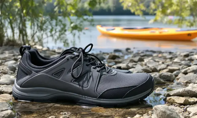 Szare buty sportowe na kamienistej plaży, idealne jako jakie buty na kajaki. W tle pomarańczowy kajak na wodzie.
