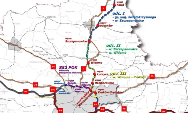 Mapa drogowa z zaznaczonymi odcinkami S52 i S7, idealna na 3-dniową wycieczkę po Małopolsce i okolicach.