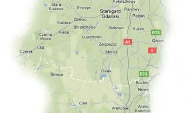 Mapa drogowa regionów Kociewie i Kaszuby, z zaznaczonymi miastami jak Starogard Gdański, Gniew i Czersk.