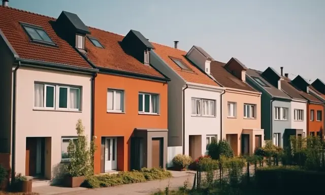 Szereg kolorowych domów z dachami pokrytymi dachówką. Ciekawe nazwy domów mogłyby pasować do tej uroczej uliczki.
