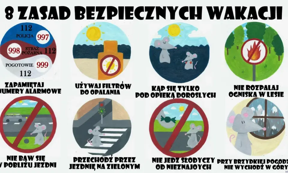 8 zasad bezpieczeństwa na wakacjach: numery alarmowe, filtry przeciwsłoneczne, opieka dorosłych, zakaz ognisk, ostrożność przy jezdni, zielone światło, nie jedz od obcych, unikaj gór przy złej pogodzie.