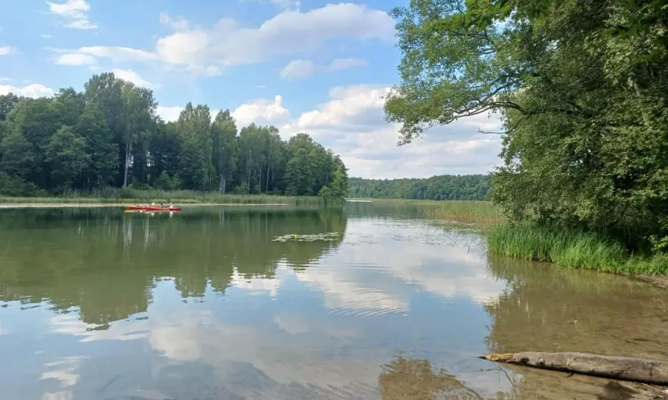 Spokojne jezioro w Mazurskim Parku Krajobrazowym. Dwie kajaki płyną po wodzie, otoczone zielenią lasów i trzcin. To idealne miejsce na relaks i podziwianie przyrody.