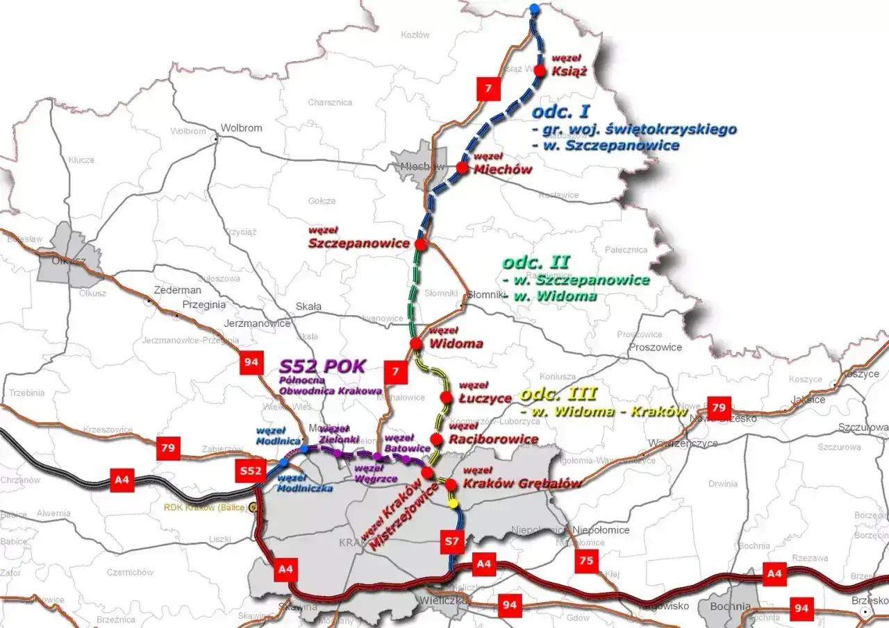 Plan wycieczki 7 dniowe po Polsce: mapa drogowa S52 Północna Obwodnica Krakowa i odcinki S7.