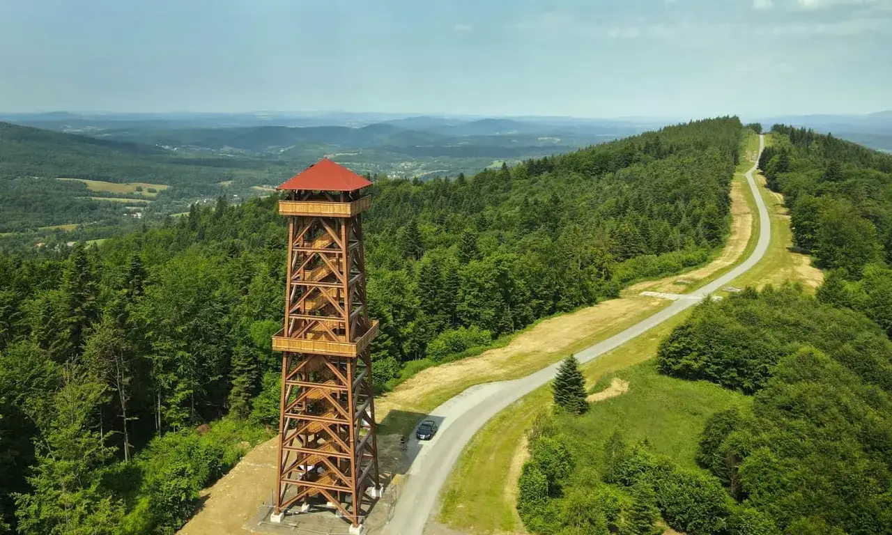 Drewniany taras widokowy Bieszczady góruje nad zielonym lasem. Droga wije się pośród wzgórz, zapraszając do podziwiania panoramy.