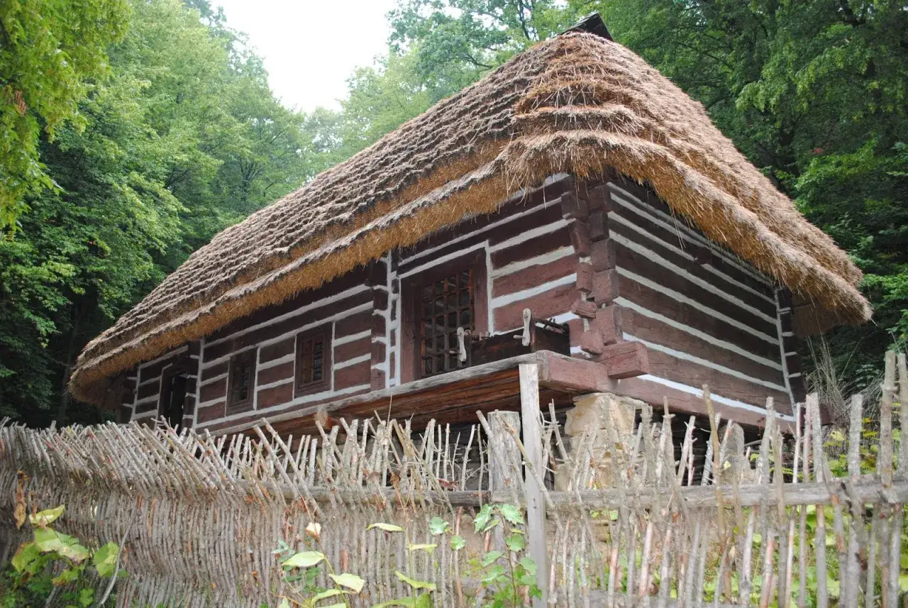 Drewniana chata z krytym strzechą dachem, otoczona płotem z gałęzi. Piękny przykład skansenów w Polsce.