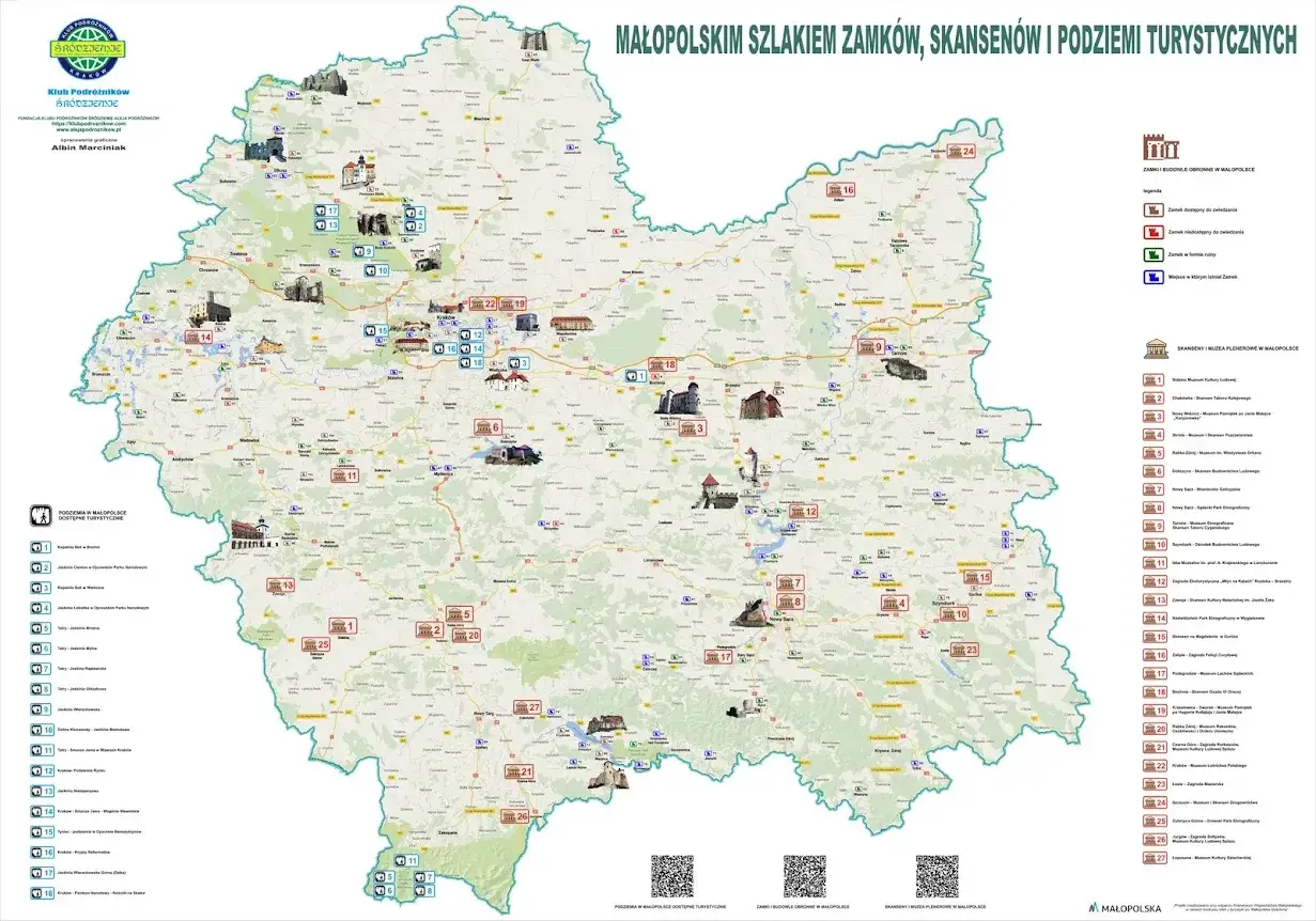 Mapa Małopolski ze Szlakiem Zamków, Skansenów i Podziemi Turystycznych. Oznaczone liczne zabytki, muzea i atrakcje regionu.