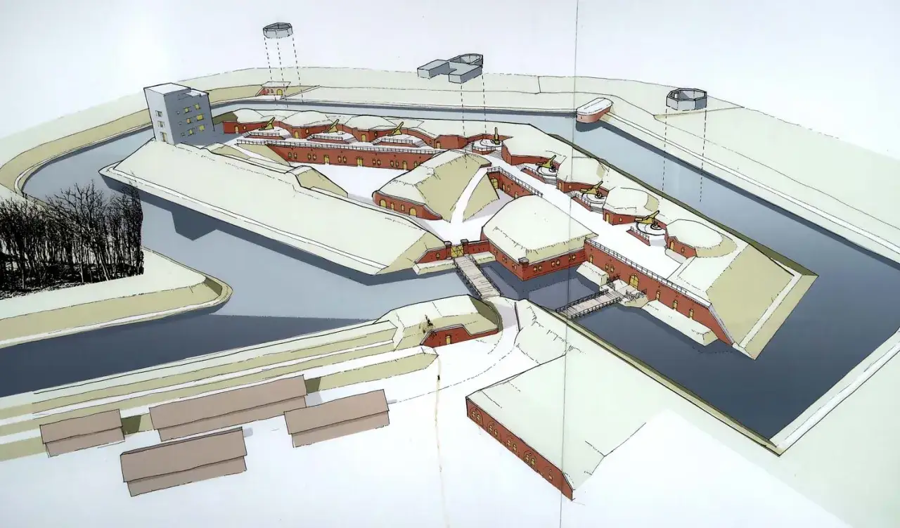 Ilustracja przedstawia fort zachodni w Świnoujściu, otoczony fosą, z ceglanymi budynkami i działami.
