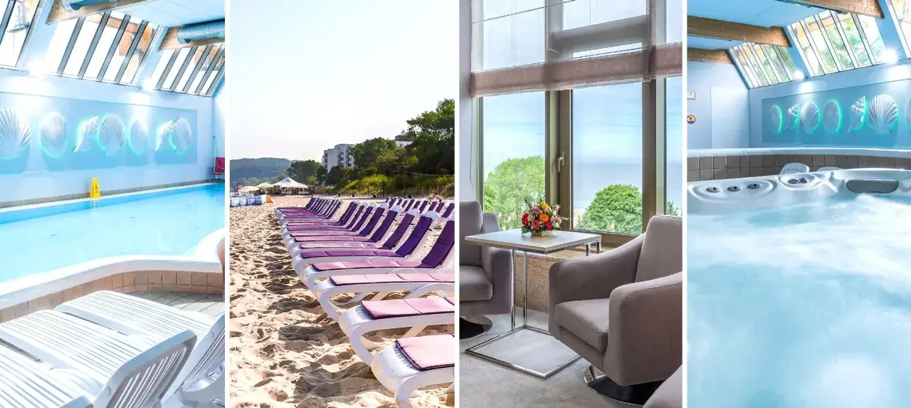 Fajny hotel nad morzem: basen, plaża z leżakami, przytulny pokój z widokiem na morze i jacuzzi. Idealne miejsce na relaks.
