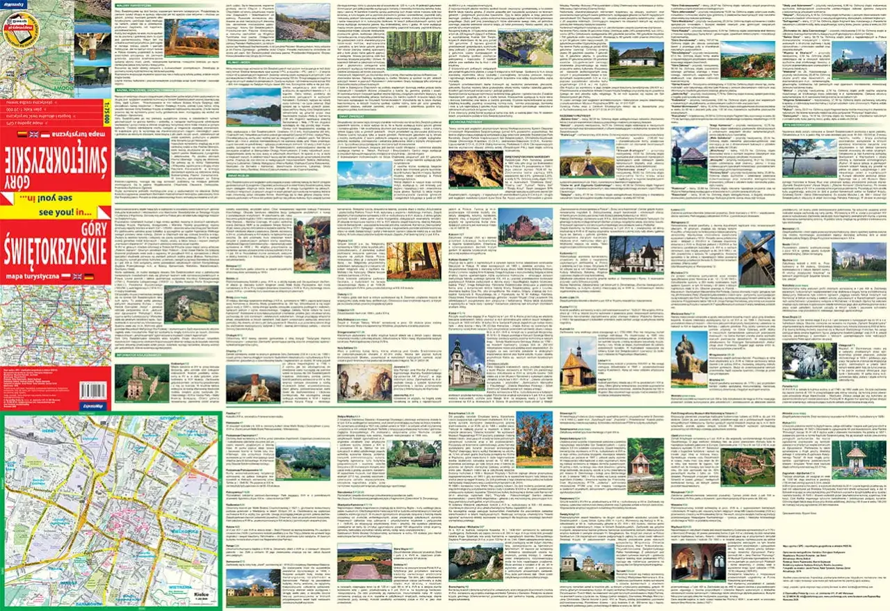 Szczegółowy plan wycieczki po województwie świętokrzyskim: mapa turystyczna z zabytkami, krajobrazami i atrakcjami.