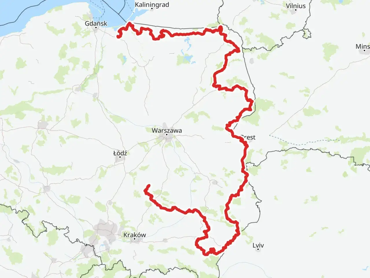 Mapa z zaznaczoną trasą rowerową, obejmującą północno-wschodnią Polskę i fragmenty sąsiednich krajów. To jest mazurska pętla rowerowa.