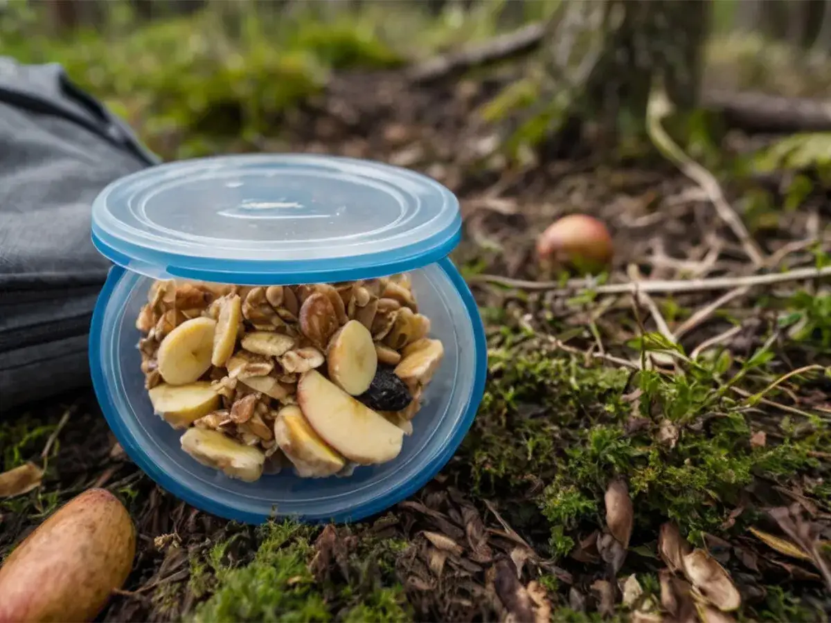Pyszne jedzenie w góry: musli z bananem i jabłkiem w pojemniku, gotowe na górską wędrówkę.