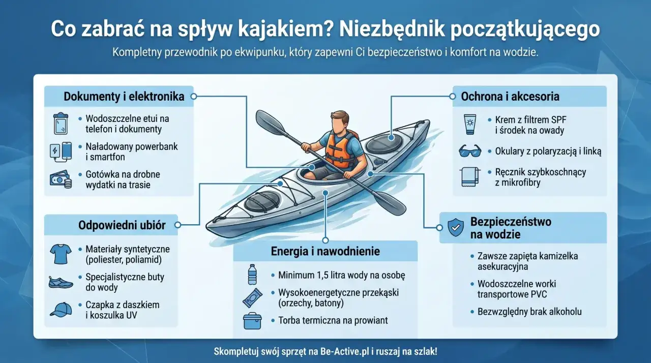Co zabrać na kajaki? Lista rzeczy: wodoodporne etui, powerbank, gotówka, syntetyczne ubrania, buty do wody, czapka, krem z filtrem, okulary, ręcznik, woda, przekąski, torba termiczna, kamizelka, worki PVC.