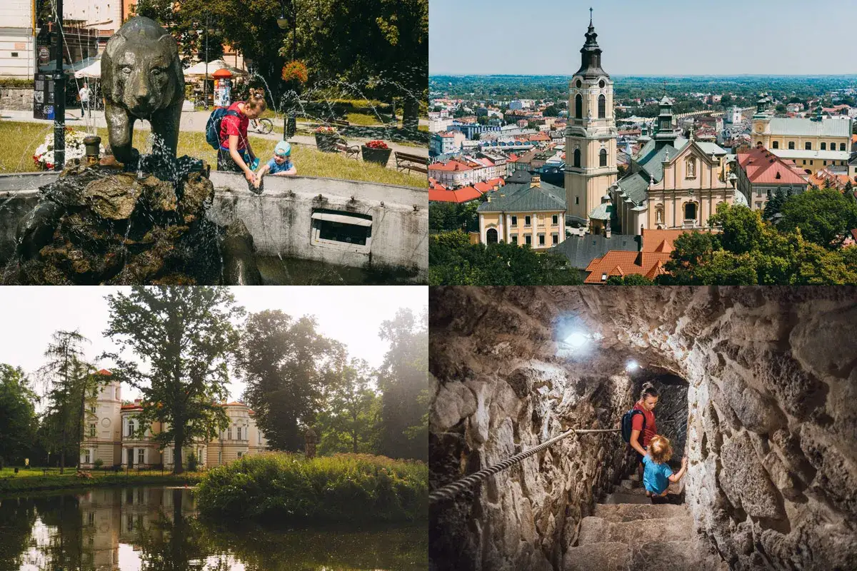 Rodzina odkrywa atrakcje: niedźwiedź w fontannie, panorama miasta, pałac nad jeziorem i podziemne korytarze.