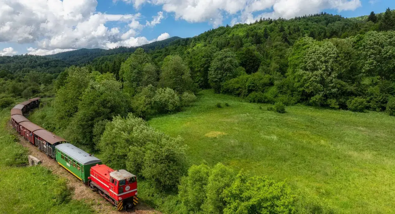 Pociąg z czerwonym lokomotywem i brązowymi wagonami przemierza malowniczą trasę wśród zielonych wzgórz. Idealne miejsce na wycieczki objazdowe pociągiem.
