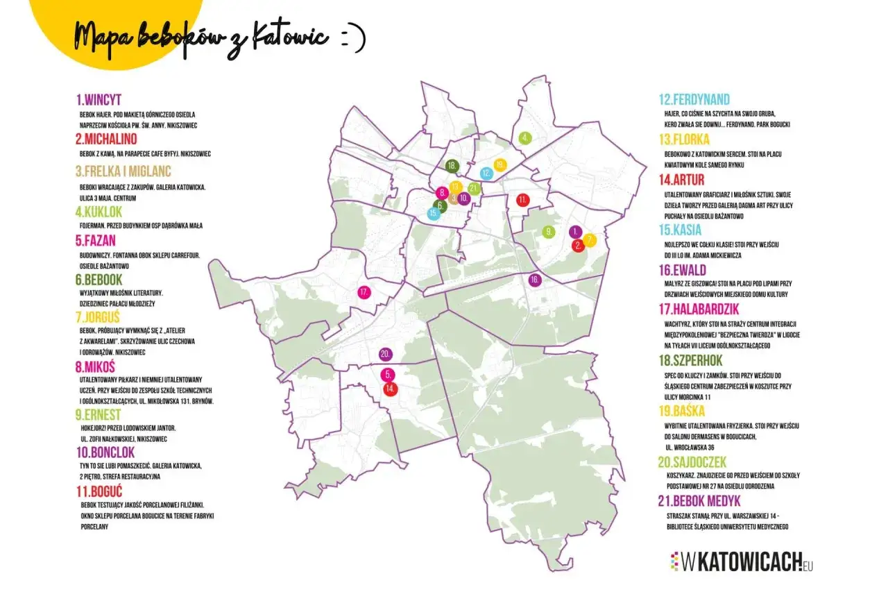 Mapa beboków z Katowic: kolorowa mapa z zaznaczonymi lokalizacjami 21 beboków w różnych dzielnicach miasta.