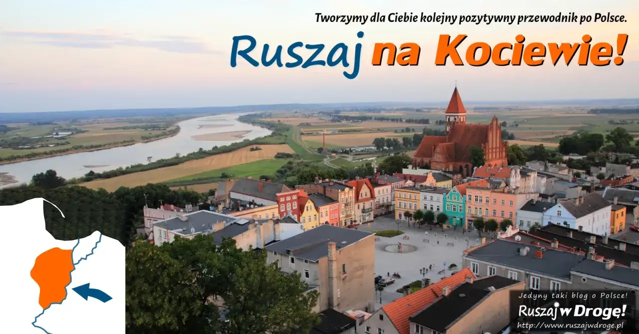 Widok na miasteczko z rzeką w tle. Zachęta do odkrywania Kociewia, regionu bliskiego Kaszubom.