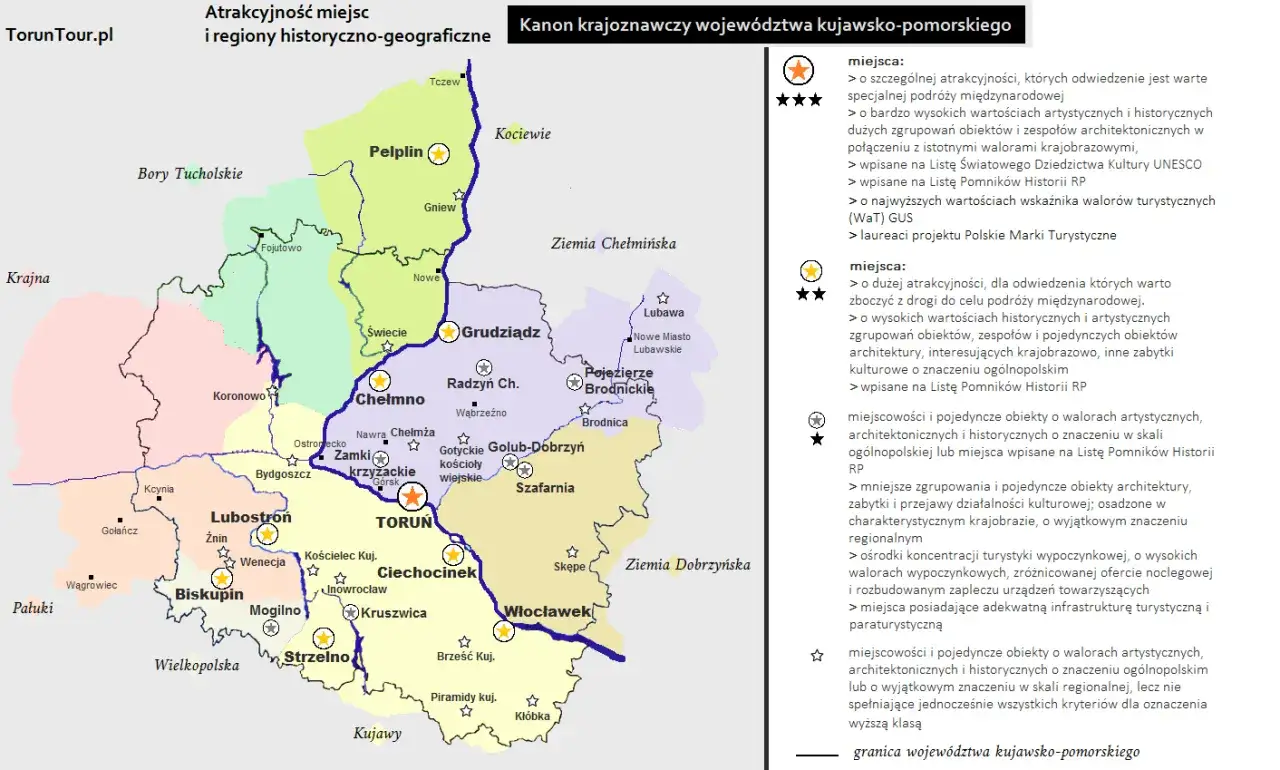 Mapa atrakcji województwa kujawsko-pomorskiego, z zaznaczonymi miejscami wartymi odwiedzenia, np. okolice Bydgoszczy.