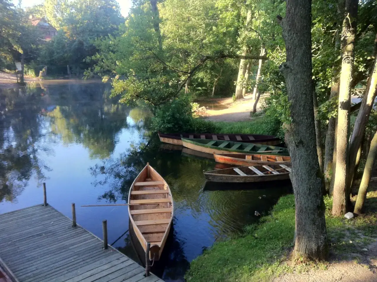 Drewniane łodzie przy brzegu jeziora, otoczone drzewami. Idealne ciche spokojne miejsce na weekend.