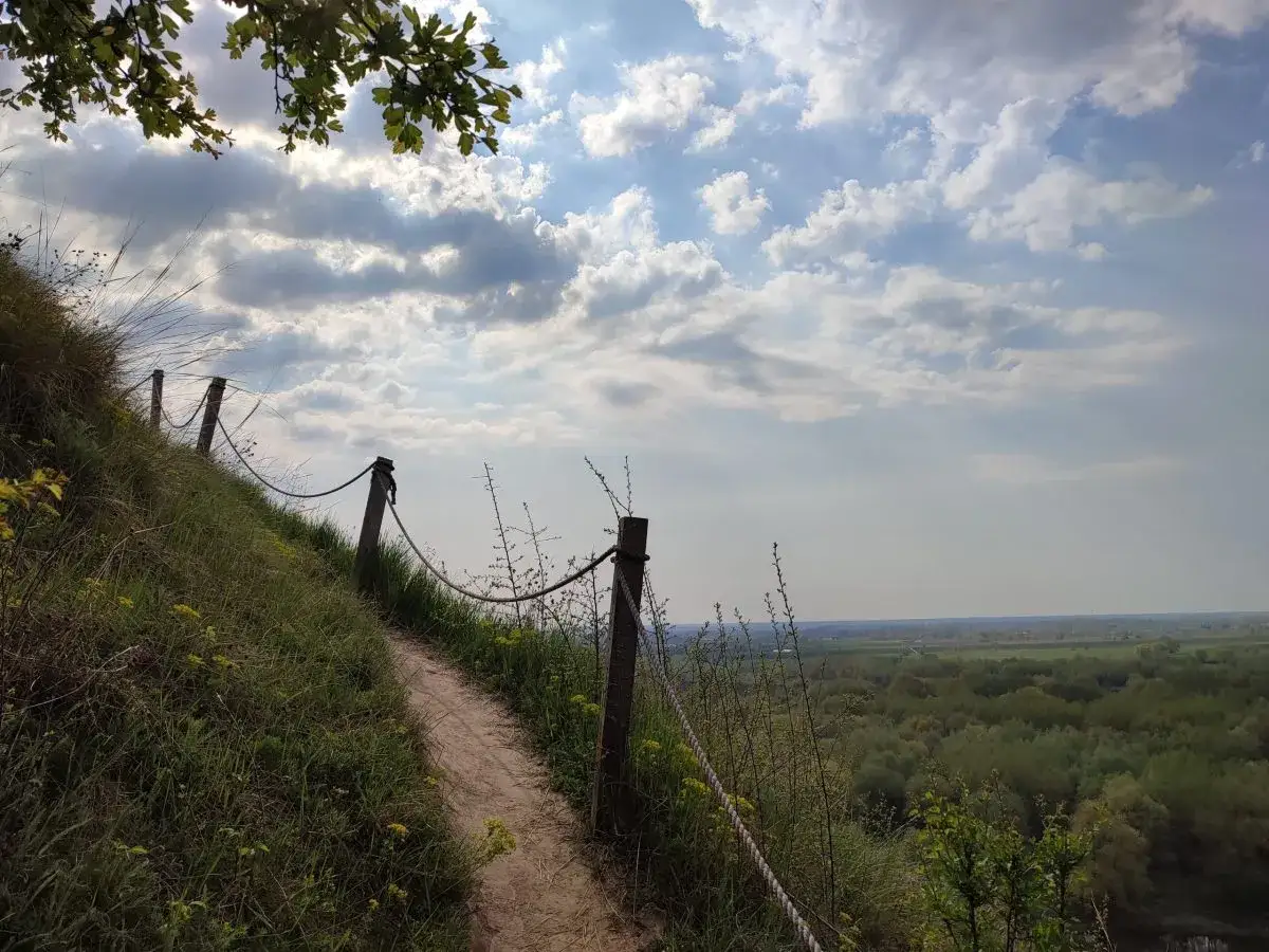 Ścieżka na zboczu, prowadząca ku widokowi na las i pola. Czy to najwyższy szczyt Gór Pieprzowych?