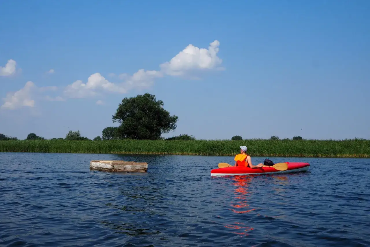 Spokojne wakacje nad wodą. Czerwona kajakarka płynie po błękitnej tafli, otoczona zielenią i błękitem nieba.