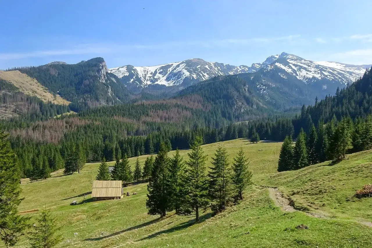 Piękny spacer w górach. Zielone hale, lasy i ośnieżone szczyty Tatr. Drewniana chata w dole.