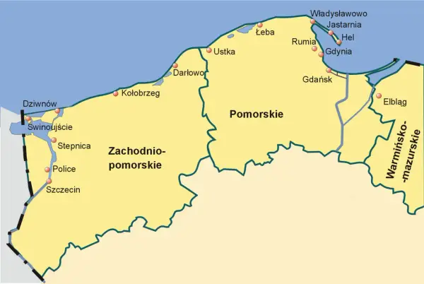 Mapa pokazuje miasta portowe w Polsce, takie jak Świnoujście, Kołobrzeg, Gdańsk, Gdynia i Elbląg, leżące w województwach zachodniopomorskim, pomorskim i warmińsko-mazurskim.