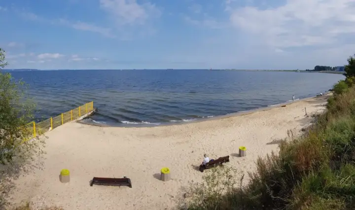 Plaża dla psów z żółtym ogrodzeniem i ławkami. W oddali widać morze i statki.