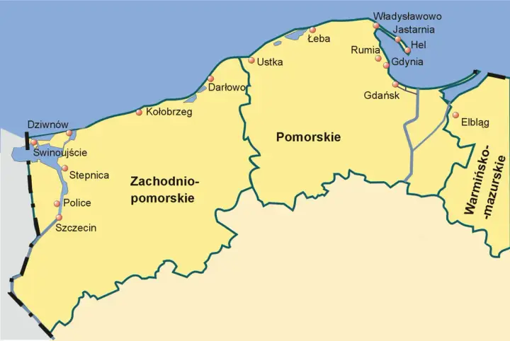 Mapa pokazuje miasta portowe w Polsce, takie jak Świnoujście, Kołobrzeg, Gdańsk, Gdynia i Elbląg, leżące w województwach zachodniopomorskim, pomorskim i warmińsko-mazurskim.